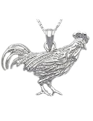 Solid 0.925 Sterling Silver Rooster Charm Pendant Necklace
