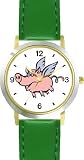Angel Pig or Flying Pig with Wings Animal - WATCHBUDDY&reg; DELUXE TWO-TONE THEME WATCH - Arabic Numbers - Green Leather Strap-Size-Large ( Men's Size or Jumbo Women's Size )