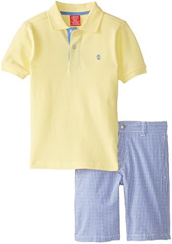 Izod Little Boys' Solid Polo with Plaid Short 2 Piece Set, Light Yellow, 7 (Large)