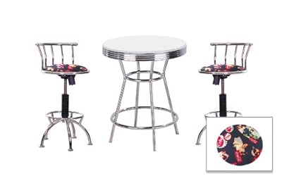 Chrome Bar Table & 2 Chrome Adjustable 24"-29" Nascar Coca Cola Fabric Seat Barstools