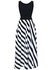 Striped Print Sleeveless Full Length Spring Summer Fall Chiffon Maxi Dress 