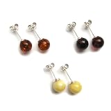 Multicolor Amber and Sterling Silver Stud Earrings Set, 8MM