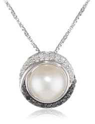 Sterling Silver Freshwater Cultured Pearl with Black and White Diamonds Pendant Necklace, 18"