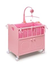 From Amazon.com. Click for details:
 Toy: Pink Doll Crib with Cabinet/Bedding/Mobile/Wheels - Badger Basket Toy: Pink Doll Crib with Cabinet/Bedding/Mobile/Wheels - Badger Basket