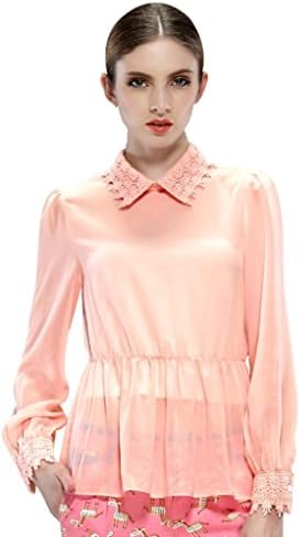 Elf Sack Womens Summer Blouse Lone Sleeve Turn-down Collar Lace Flounced Hem Small Size Orange
