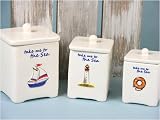 SET OF 3 SQUARE JARS, Ceramic 'Take Me To The Sea' Nautical Design, Set of 3, 10.5x10.5cm