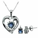Sterling Silver Genuine Diamond Accent & Simulated Tanzanite cz Heart and Stud Earrings Set