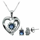 Sterling Silver Genuine Diamond Accent Simulated Tanzanite cz Heart and Stud Earrings Set