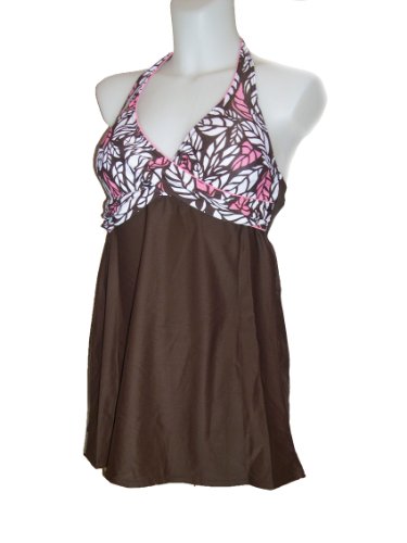 Womens Beach Bay Swimdress, Long Tankini Swimwear, Swimsuit, Brown/coral 8-18