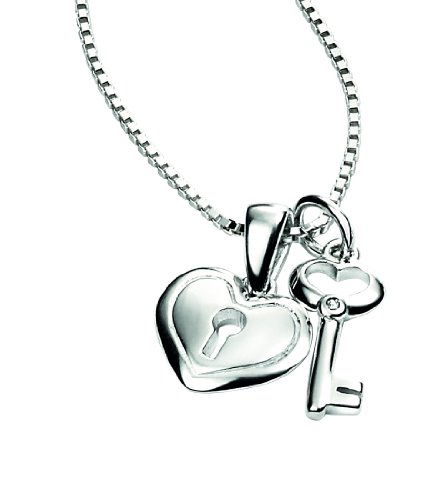 D for Diamond Sterling Silver Diamond Set P3110 Heart Padlock and Key Double Pendant Length 36-41 Cm