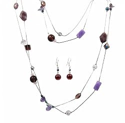 Necklace - N330 - Long 2-Strand Semi-Precious and Glass Necklace (36") + Matching Earrings ~ Purple & Violet