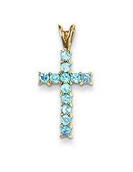 14K Yellow Gold Blue Topaz Cross Pendant Charm Jewelry