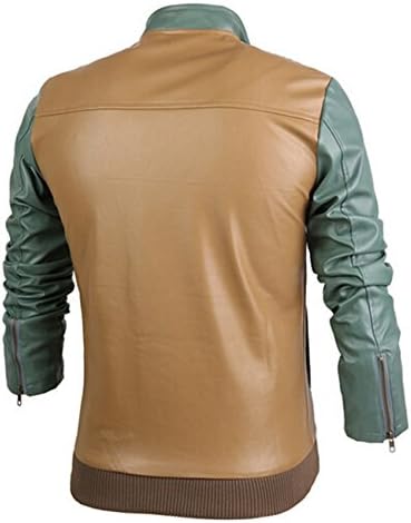 HEBEW Men's Stand Collar Color Hit Button PU Lether Jacket Coat(LULO2)-Medium Khaki