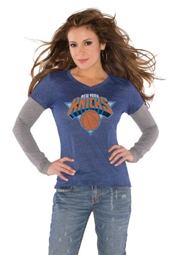 New York Knicks Royal Women's Primary Logo Tri Blend Long Sleeve Layered T-Shirt- by Alyssa Milano