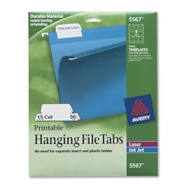 Avery 5567 Self-Adhesive Printable Hanging File Tabs, Laser/Inkjet, 1/5 cut, White, 90/pac