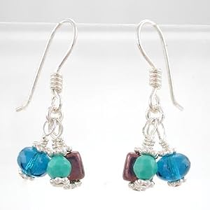 Colorful Czechoslovakian Glass Bead Dangle Earrings in Sterling Silver, #8637