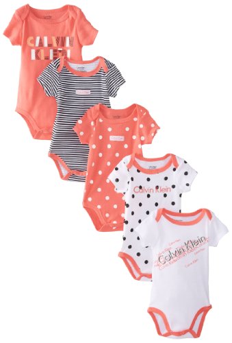 Calvin Klein Baby-Girls Newborn 5 Pack Bodysuits Peach and Gray Group