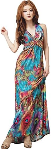 Gregoryp Women Summer Boho Halter V-neck Long Beach Dresses Flaming Peacock Large