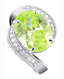 Nickel Free Sterling Silver 13 x 15mm Oval Peridot Cubic Zirconia with Round Clear Cubic Zirconia Accent Polish Finish Rhodium Plated 3mm Band Ring Size 5, 6, 7, 8, 9, 10
