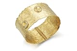 14K Yellow Gold Matte and Hammered-Finish Hand-Crafted Cuff Bracelet, Enhanced with Color Stones Surrounded by White Gold Pave Set Diamonds.