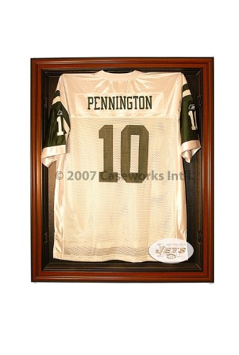 New York Jets Football Jersey Display Case with Removable Face and Classic Wood Finish Frame
