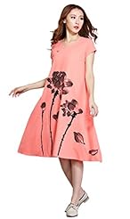 Short Sleeves Cotton/Linen Belted General Print  Dress