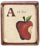 Apple (Bite) Hand Stenciled Wood Sign - Creme Board-Navy Blue Letters-Frame