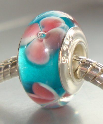 Pandora Compatible 925 Stamped Blue With Pink Flowers Unique Handmade Jewelery Genuine Murano Glass Charm Beads - 925 Stamped Silver Single Core - Fits Pandora, Chamilia, Troll, Biagi Bracelet - ** IN STOCK & READY FOR IMMEDIATE DISPATCH **
