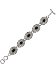 18K Yellow Gold and Sterling Silver Bracelet with Scrollwork and Oval Black Onyx