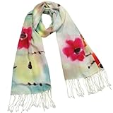 IMAGE OF Hand Painted Poppy Flower 100% Pashmina Cashmere Tassel Ends Long Scarf Shawl