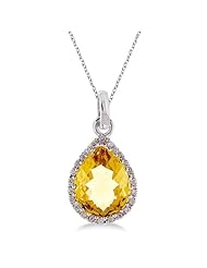 Pear Shaped Citrine and Diamond Pendant Necklace 14k White Gold