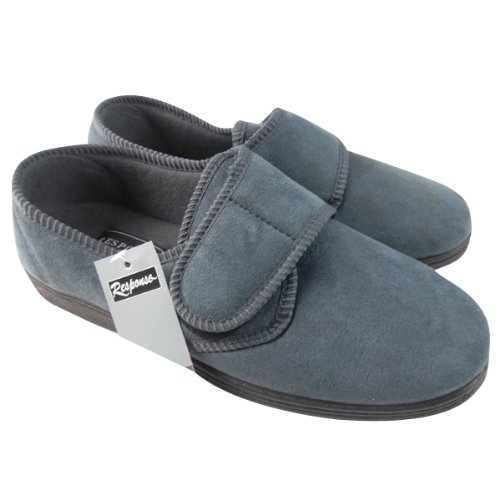 New Grey Mens Classic Velcro Luxury Quality Wide Slippers Size UK 8