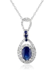 14k White Gold Sapphire and 1/6cttw Diamond Pendant Necklace, 18"