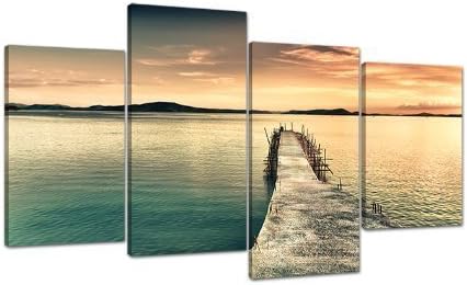 Large Sunset Canvas Wall Art Pictures Blue Prints Set Pier Jetty 4108 by Wallfillers Canvas