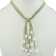 Green Triple Strand Suede Necklace with Cascading White 9-10mm Cultured Pearls - in Various Colors