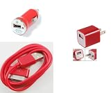 Red Color USB Travel Kit with Car Charger, Wall Charger and USB SYNC Cable Adapter for Apple iPod & iPhone (ALL MODEL)