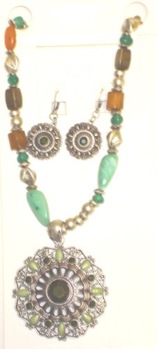 Click here to buy Antique Silver Plated and Other Beads Short Chain Necklace with Large Pendant and Earrings for....