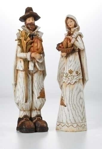 Set of 2 Harvest Collection White Wash Thanksgiving Pilgrim Figures 12