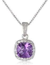 Sterling Silver Checkboard Cushion Cut Created White Sapphire Halo Pendant Necklace, 18"