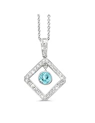 Diagonal Square And Circle Diamond Pendant In 18K White Gold With A 0.45 ct. Genuine aquamarine Center Stone.