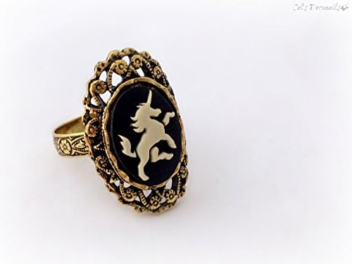 Golden unicorn cameo ring, victorian fairytale statement ring