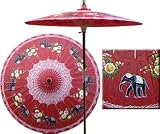 Asian Elephant 7 Foot Patio Umbrella With Base - Dragon Red