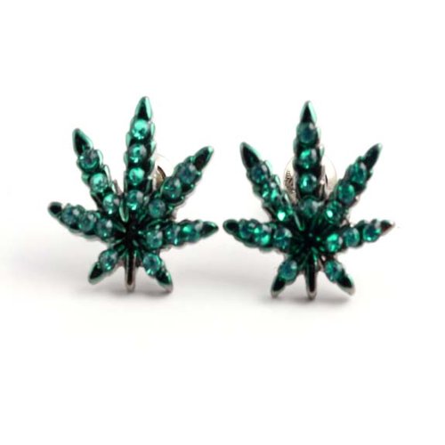 Black Hematite Finish Weed Marijuana Cannabis Green Cz Stud Earrings