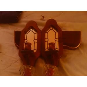HOME INTERIOR ,SHELF, SCONES WITH MIRROR IN THEM AND BLACK DESIGNS IN THE MIRRORS/ 2 VOTIVES CUPS