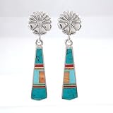 Ray Tracey Inlaid Dangle Flower Earrings in Sterling Silver with Turquoise and Spiny Oyster, #8549