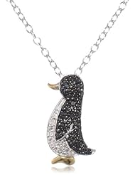 Sterling Silver Black and White Diamond Penguin Pendant Necklace, 18"