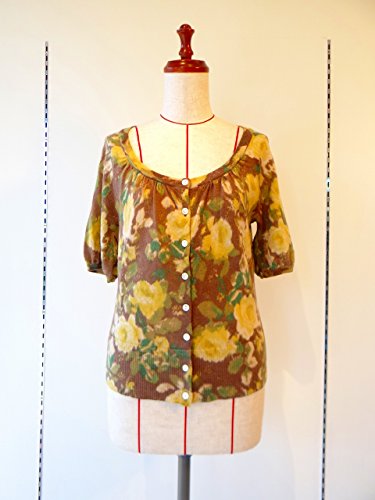 カーディガン 半袖 ウール １００％ ラグラン袖 ブラウン 黄色 花柄 S~Mサイズ レディースカーディガン １点物 株式会社キングアンドクイーン