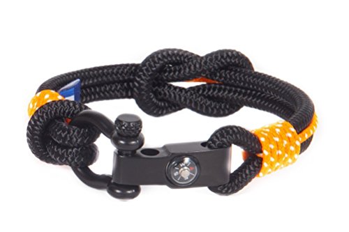 Black &amp; Orange Handmade Nautical Rope Adjustable Unisex Bracelet with Silver Decorative Compass Buckle - DUBROVNIK COLLECTION