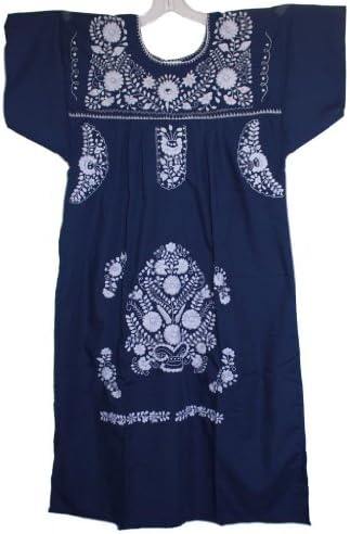 Embroidered Mexican Peasant Dress with Solid White Embroidery (Navy size Large)
