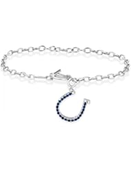 Horseshoe Shaped Diamond and Sapphire Toggle Clasp Link Bracelet in 14k White Gold (0.23ct)